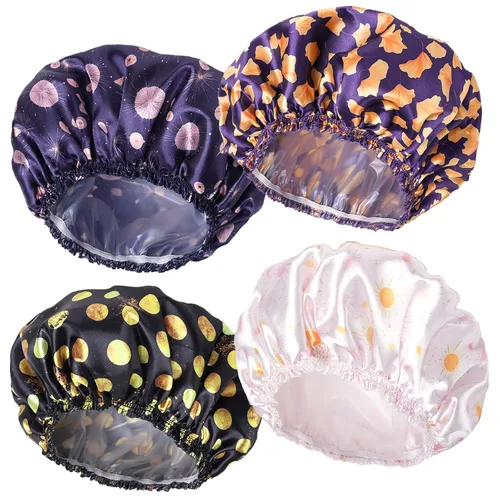 Vista 22 de 4 piezas de gorros de ducha para mujer, gorros de baño con estampado, gorro de ducha de doble capa reutilizable e impermeable, gorros de ducha