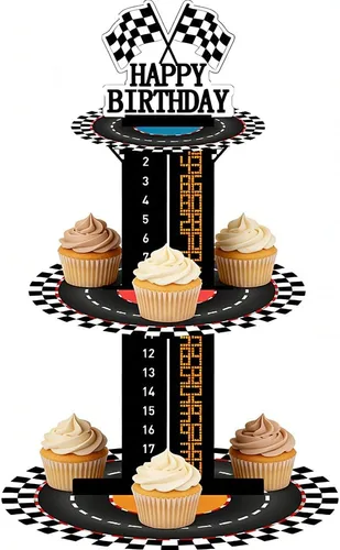 Vista 3 de Soporte de 3 niveles para cupcakes de autos de carreras en blanco y negro, decoración de fiesta de cumpleaños, para carreras, auto de carreras