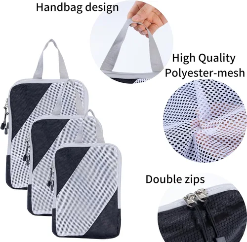 Vista 4 de Abelloly 6 juegos de cubos de viaje de compresión de nailon beige, bolsas organizadoras de viaje para equipaje (grande, mediano, pequeño), tres