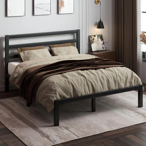 Vista 10 de LoVinson Marco de cama de metal tamaño King con cabecero, listones de metal, color blanco