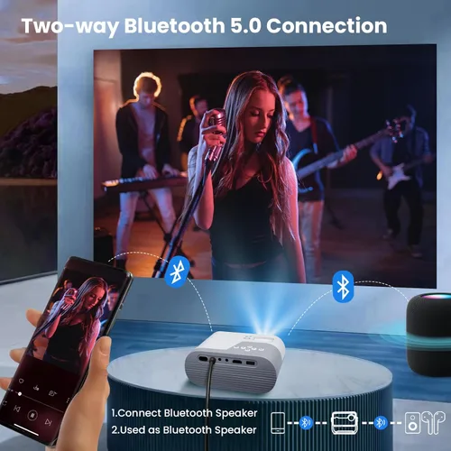 Vista 4 de Mini proyector, proyector con WiFi y Bluetooth, proyector portátil de soporte 1080P, altavoz integrado, compatible con teléfono