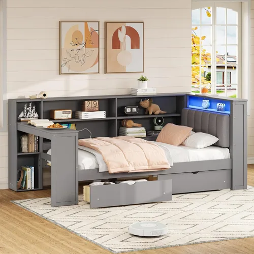Vista 31 de VilroCaz Cama de sofá de tamaño individual de madera con estantes de almacenamiento y escritorio de estudio, estructura de cama de día Blanco