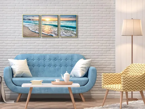 Vista 8 de Wieco Art Lienzo enmarcado para pared, 3 paneles de playa azul para decoración del hogar, puesta de sol, olas de playa, imágenes sobre lienzo