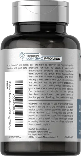 Vista 3 de Horbaach Molibdeno Suplemento 500mcg 200 Cápsulas Quelato de aminoácidos Sin OMG, sin gluten