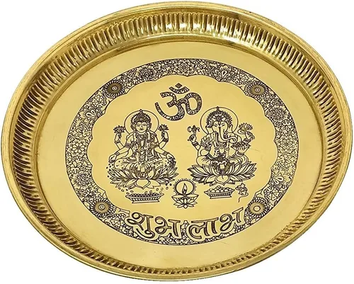 Vista 3 de NOBILITY Ganesha Lakshmi - Juego de latón de 8 pulgadas, diseño Subh Labh Puja Thali para Diwali Ganesh Festival Home Office Mandir boda regreso