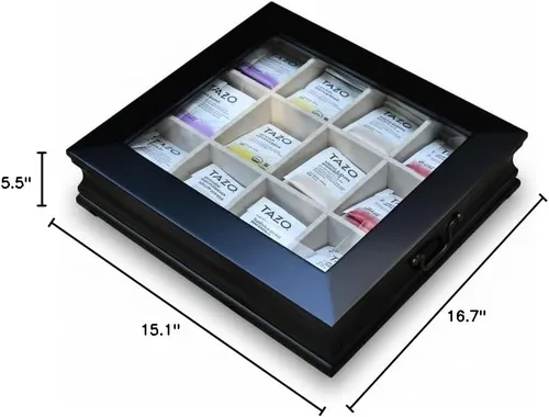 Vista 4 de Cofre de té con 12 compartimentos, bolsa de té, caja de almacenamiento grande con tapa de vidrio biselado