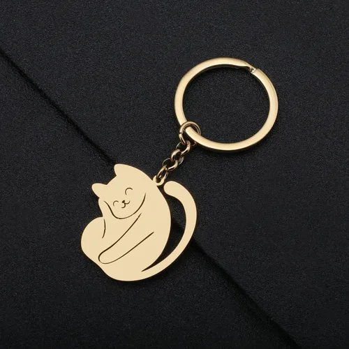 Vista 4 de RAIDIN Llavero de acero inoxidable chapado en oro con bonito diseño de gato, regalo para mujeres y niñas, llavero para coche, monedero, llaves