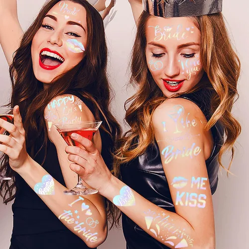 Vista 7 de Tatuajes temporales de despedida de soltera para mujeres, niñas, hombres y adultos, más de 56 + calcomanías de tatuaje falsas metálicas iridiscentes