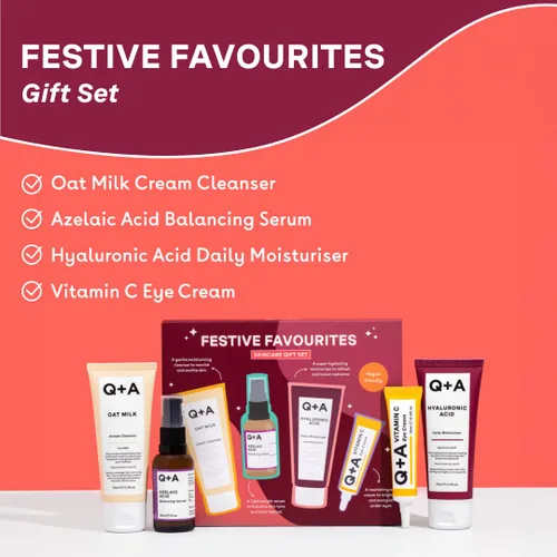 Vista 3 de Q+A Set de regalo Festive Favourites que contiene un hidratante de ácido hialurónico (2.5 fl oz), un limpiador en crema de leche de avena