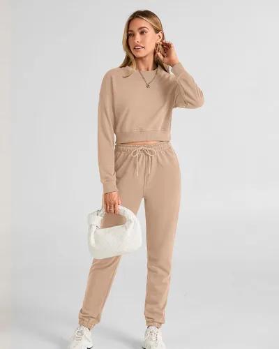 Vista 71 de BTFBM Conjunto deportivo de 2 piezas para mujer, camiseta corta de manga larga, sin botones, pantalón con cordón ajustable, pantalones deportivos