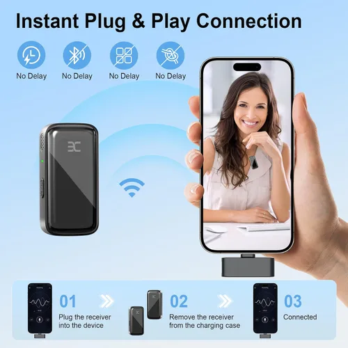 Vista 6 de EX Sistema de micrófono inalámbrico Lavalier, micrófonos de doble clip + funda de carga, rango de 164 pies Plug-and-Play para iPhone/Android