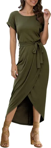 Vista 3 de Vestido largo GRECERELLE para verano, con manga corta, para mujer, con cintura elástica y abertura lateral, con cinturón