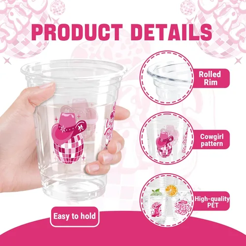 Vista 3 de 100 Piezas Vasos de Plástico Rosa Fiesta Vaquera Occidental 12 OZ Vasos Desechables Disco, Diseños de Sombrero Vaquero, Bota y Bola Disco