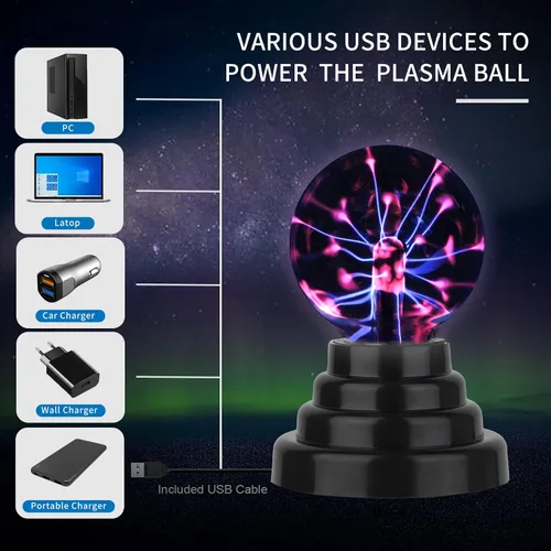 Vista 3 de Gresus - Lámpara de bola de plasma mágica alimentada por USB con batería de 3 pulgadas para decoraciones Touch Sensitive Interactive Plasma Lamp