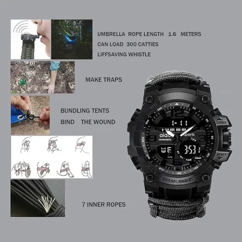 Vista 6 de wejie Regalos para hombres, papá y marido, reloj de supervivencia al aire libre 6 en 1, paracaídas, iniciador de fuego, silbato de supervivencia