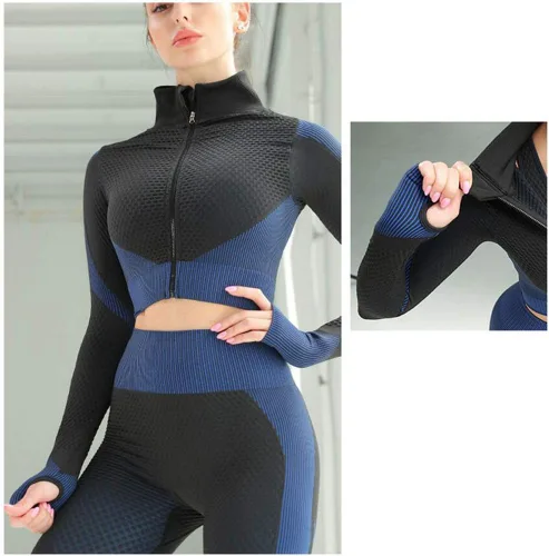Vista 2 de Conjunto de entrenamiento sin costuras de 3 piezas para mujer, ropa deportiva de fitness, escuela, correr, yoga, ropa deportiva