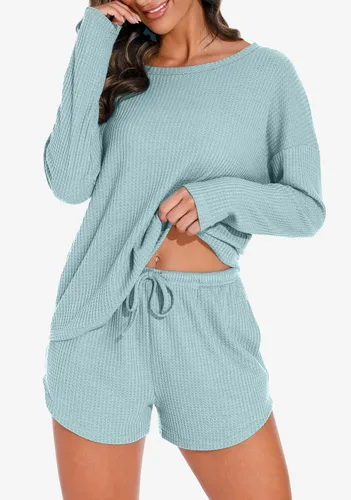 Vista 3 de PrinStory Conjunto de pijama para mujer, conjunto de 2 piezas de punto gofre, conjunto de ropa de descanso con bolsillos
