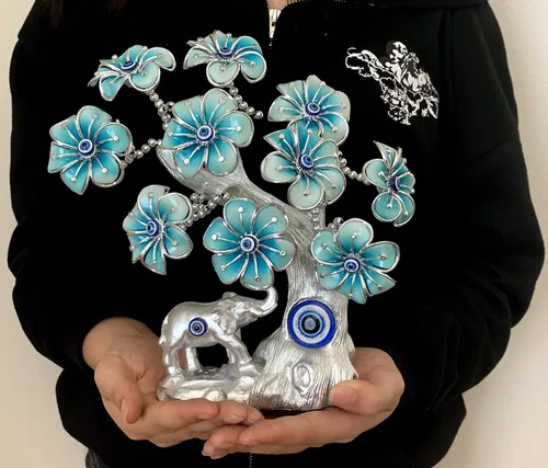 Vista 4 de Betterdecor - Adorno azul de ojo turco turco Nazar Lucky Forutne árbol bonsái con elefante, decoración para el hogar y la oficina (plateado-azul)