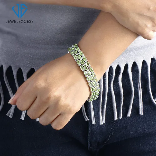 Vista 3 de JEWELEXCESS Pulsera de peridoto para mujer Genuina, joyería de peridoto verde de tres filas Pulseras de plata de ley 925 Pulsera de piedra natal