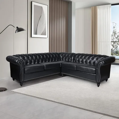Vista 8 de ORRD Sofá seccional pequeño en forma de L, sofá Chesterfield de cuero copetudo con brazos de desplazamiento y cabeza de clavo para sala de estar
