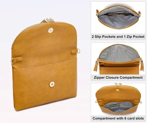 Vista 6 de Solene Bolso de mano para mujer, con múltiples compartimentos, 6 ranuras para tarjetas en el interior, bolsa cruzada con borlas