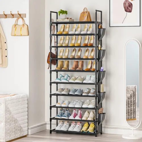 Vista 2 de Zapatero Alto de 10 Niveles Organizador de Zapatos de 10 Niveles para Armario, Estante de Zapatos de Metal con Almacenamiento, Torre de Zapatero