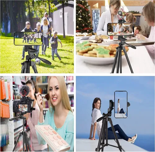 Vista 7 de Trípode de cámara de 55 pulgadas con bolsa de viaje, trípode para teléfono celular con control remoto, soporte de trípode de viaje portátil