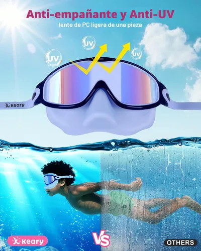 Vista 3 de Keary - Paquete de 2 gafas de natación para niños con cubierta nasal, anti-UV, antiempañamiento, para piscina y agua, para niños de 3 a 12 años