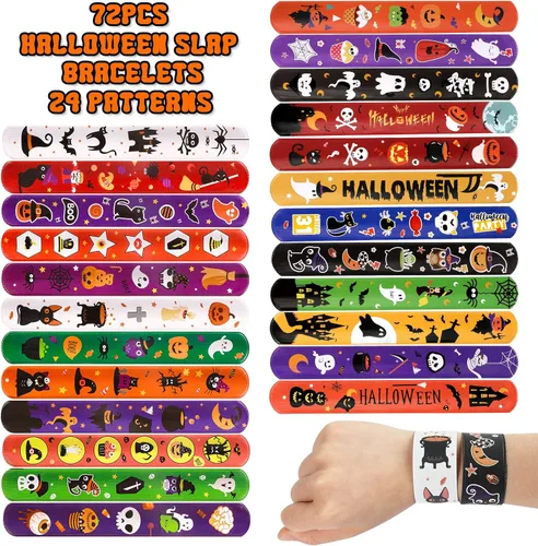 Vista 2 de MGparty 72 pulseras de Halloween Slap 24 diseños temáticos de Halloween, araña, calabaza, fantasma, zombi, murciélago, brujas, pulseras a presión