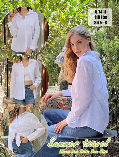 Vista 6 de HOTOUCH Camisas de manga larga con botones para mujer, blusas de lino y algodón, casuales, con cuello holgado, de gasa con bolsillo