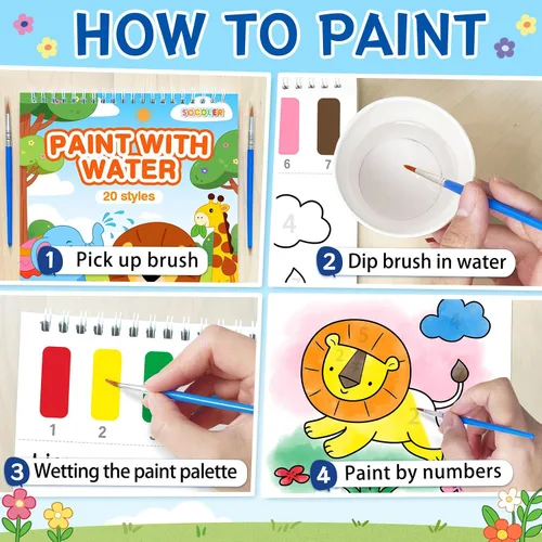 Vista 3 de Libros para colorear con pintura al agua para niños, juegos de papeles de pintura de acuarela sin desorden para niños pequeños, kit de pintura