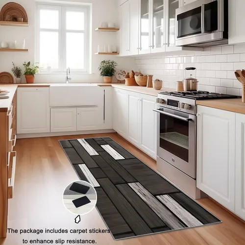 Vista 5 de Alfombra lavable para pasillo, alfombra de cocina de 2 x 5 pies, alfombra de entrada, estilo industrial, paneles de madera, textura suave Negro 6