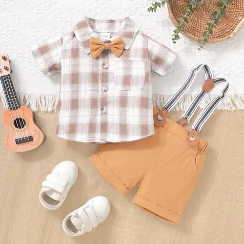 Vista 7 de Welcome New Baby Boy Toddler Boys Short Sleeve Plaid Prints T Shirt Tops Shorts Child Kids Gentleman Outfits