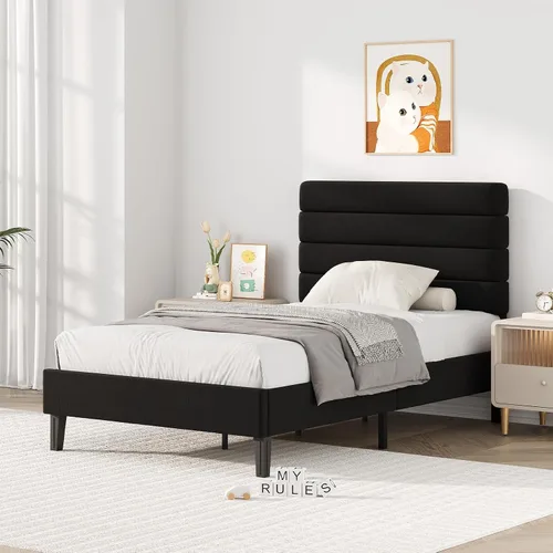 Vista 9 de IMMERSTABLE Marco de Cama Individual con Cabecera Tapizada de Terciopelo, Marco de Cama Plataforma Individual con Soporte de Listones de Madera, No