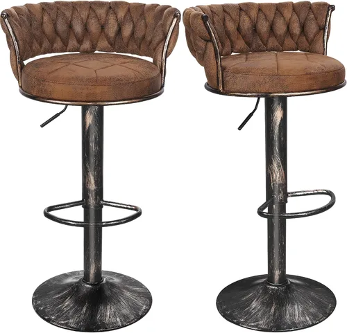 Vista 9 de VECELO Juego de 2 taburetes de bar, taburetes de bar ajustables de altura de mostrador con respaldo y brazo, taburetes de isla de cocina tejidos