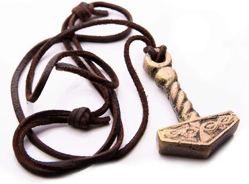 Vista 4 de Norse Tradesman Collar de martillo de Thor, colgante de latón macizo con cordón ajustable de cuero genuino, Latón