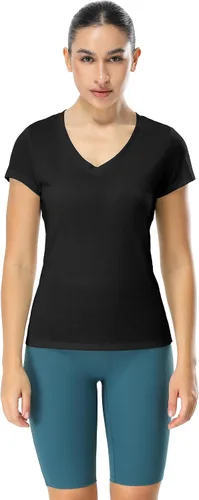 Vista 3 de icyzone Camisetas de entrenamiento para mujer - Camisetas de yoga para gimnasio, correr, fitness, cuello en V