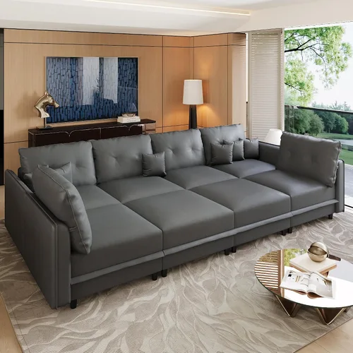 Vista 13 de LLappuil Sofá cama modular modular con almacenamiento, sofás de piel sintética de 6 plazas para sala de estar, color marrón