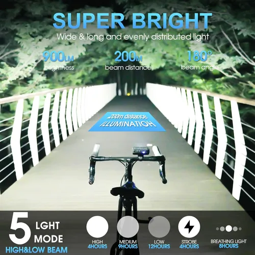 Vista 2 de Barra de luz LED súper brillante para bicicleta eléctrica – 1200 lúmenes con luz alta/baja, 5 modos, USB-C recargable, montaje universal