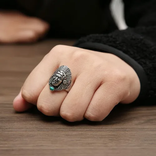 Vista 4 de HZMAN Anillo de cabeza de jefe indio para hombres y niños, de acero inoxidable, vintage, nativo americano, tribal, líder, guerrero, cazador