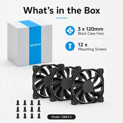 Vista 8 de uphere 12BK3-3 - Paquete de 3 ventiladores de carcasa de computadora de larga duración de 4.724 in para refrigeración de cajas de computadora