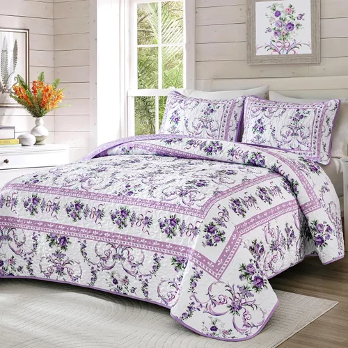 Vista 2 de Anibedding Juego de edredón Queen morado, 3 piezas con patrón floral