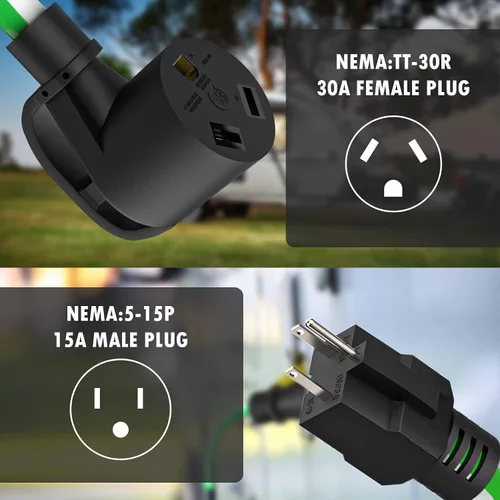 Vista 2 de Cable adaptador RV de 15 amperios a 30 amperios y 110 voltios, cable adaptador de 12 pulgadas NEMA 5-15P macho a TT-30R hembra, convertidor