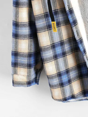 Vista 5 de ZAFUL Women's Plaid Fleece Lined Hooded Jacket Button Up Oversized Fuzzy Coat Checkered Flannel Hoodie Jacket