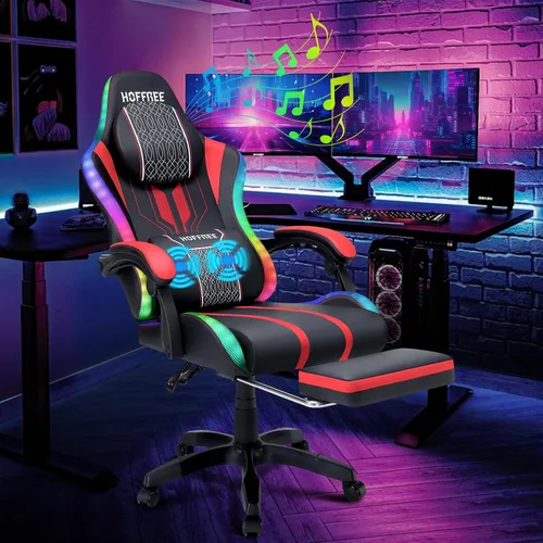 Vista 14 de HOFFREE Silla LED para juegos con altavoces, silla de computadora grande y alta con luces RGB, silla de juego Bluetooth con reposapiés, sillas