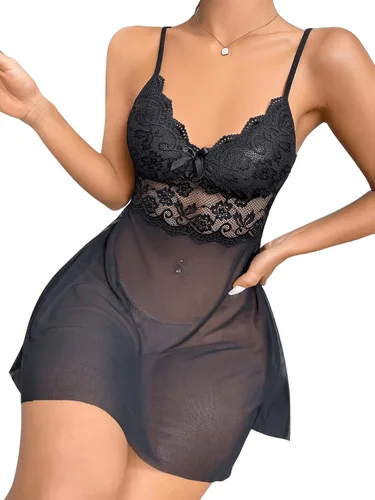 Vista 3 de SOLY HUX Camisón sexy de malla transparente con ribete de encaje para mujer, minivestido de dormir