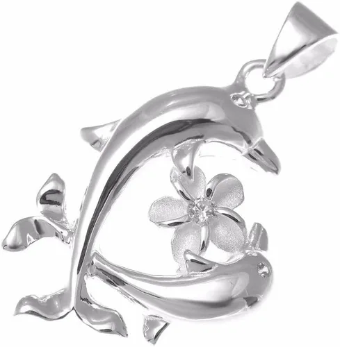 Vista 2 de Arthur's Jewelry Colgante de plata de ley 925 hawaiana con 2 delfines plumeria, Plata esterlina Piedra Zirconia cúbica