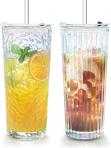 Vista 15 de Puraville Paquete de 2 vasos de vidrio de 18 onzas con tapas y pajitas, cristalería gruesa con patrón de diamante vintage para whisky, cóctel