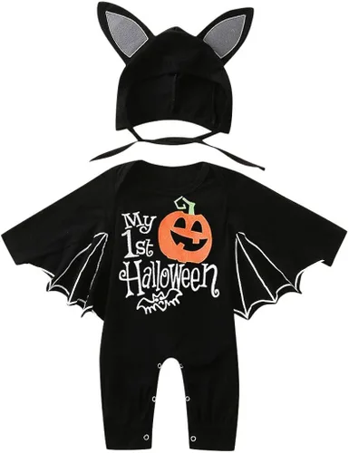 Vista 3 de Dkygxwt Disfraz de Halloween para recién nacido, para niños, niñas, cosplay, manga larga, enterizo, traje con sombrero, ropa para niños