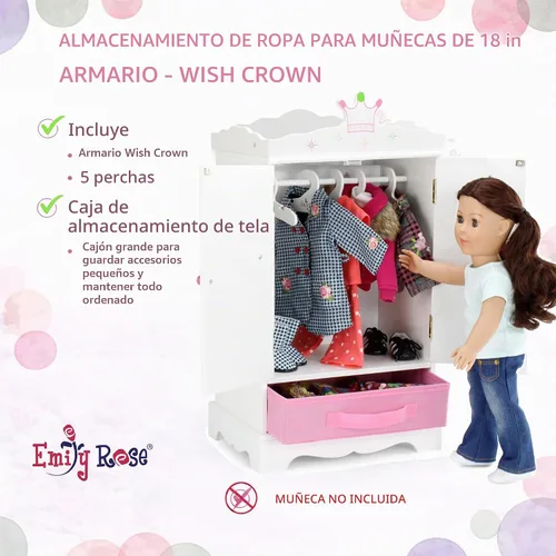 Vista 2 de Emily Rose Armario de muñecas de 18 pulgadas con 5 perchas con muescas, colección de muebles Wish Crown, se adapta a la ropa y accesorios de muñecas